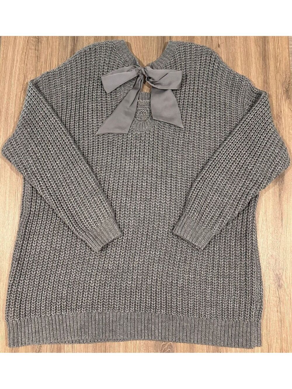 Torrid Heather Gray Cable Knit Sweater with Satin Bow Back Women's Plus Size 3
